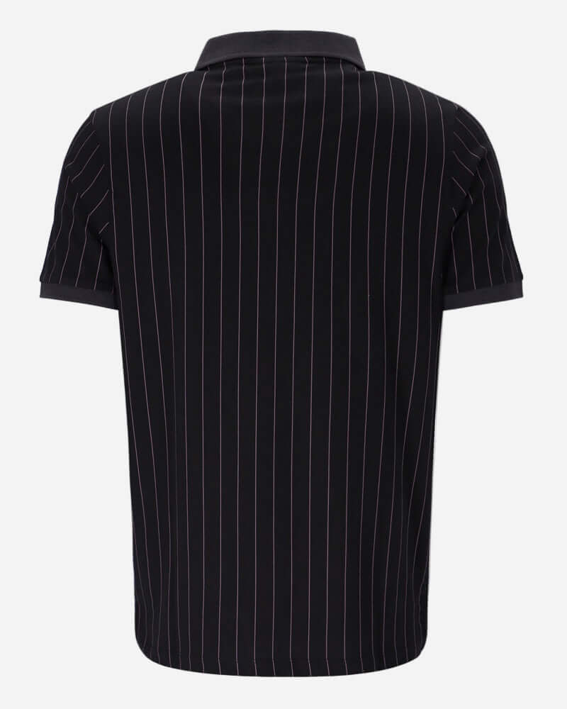 Fila Vintage BB1 Polo Black with vertical stripes in Gardenia, Fig, and Charcoal, showcasing a classic back design.