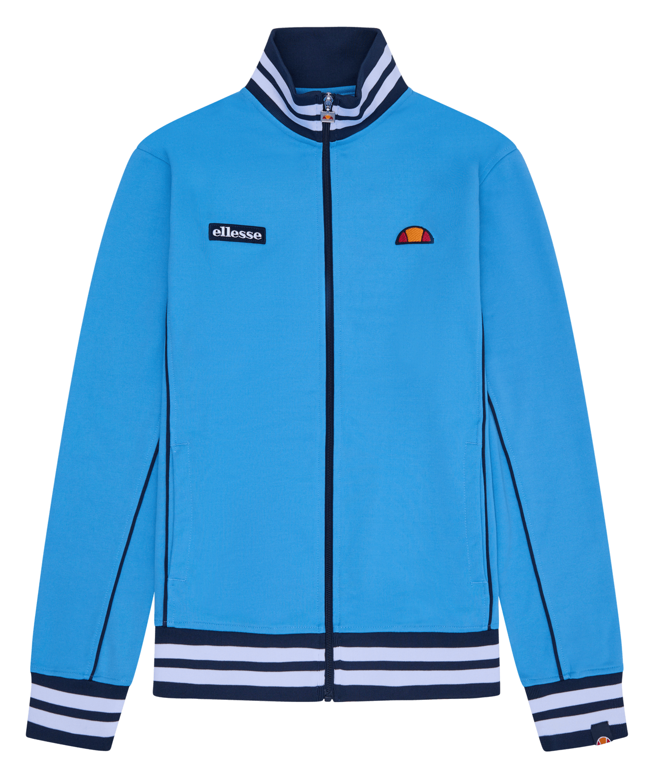 Ellesse MILAN Track Jacket Blue/Navy featuring funnel neck, white stripes, and signature logos on a vibrant blue design.