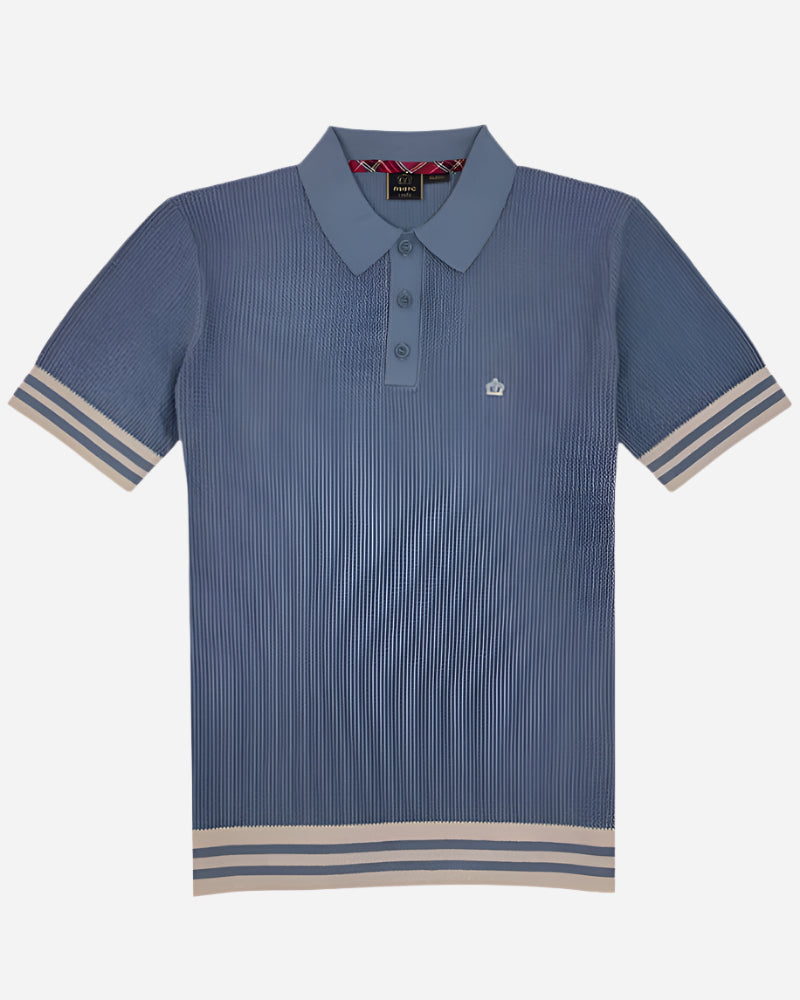 Merc JAMIE Knit Polo in Trooper Blue, featuring textured high-twist stitch and contrast tipping, sporty and versatile.