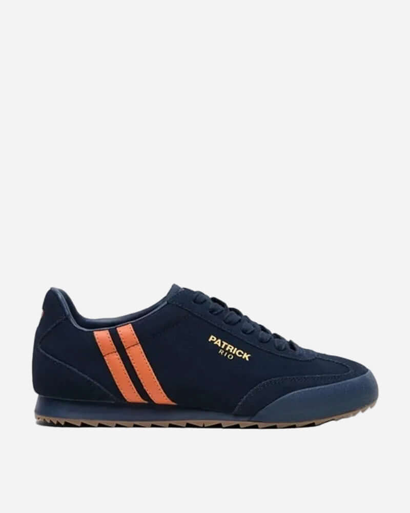 Patrick RIO RUNNER Trainers Navy Orange, suede upper, contrast striped panel, men's trainers, cushioned insole.