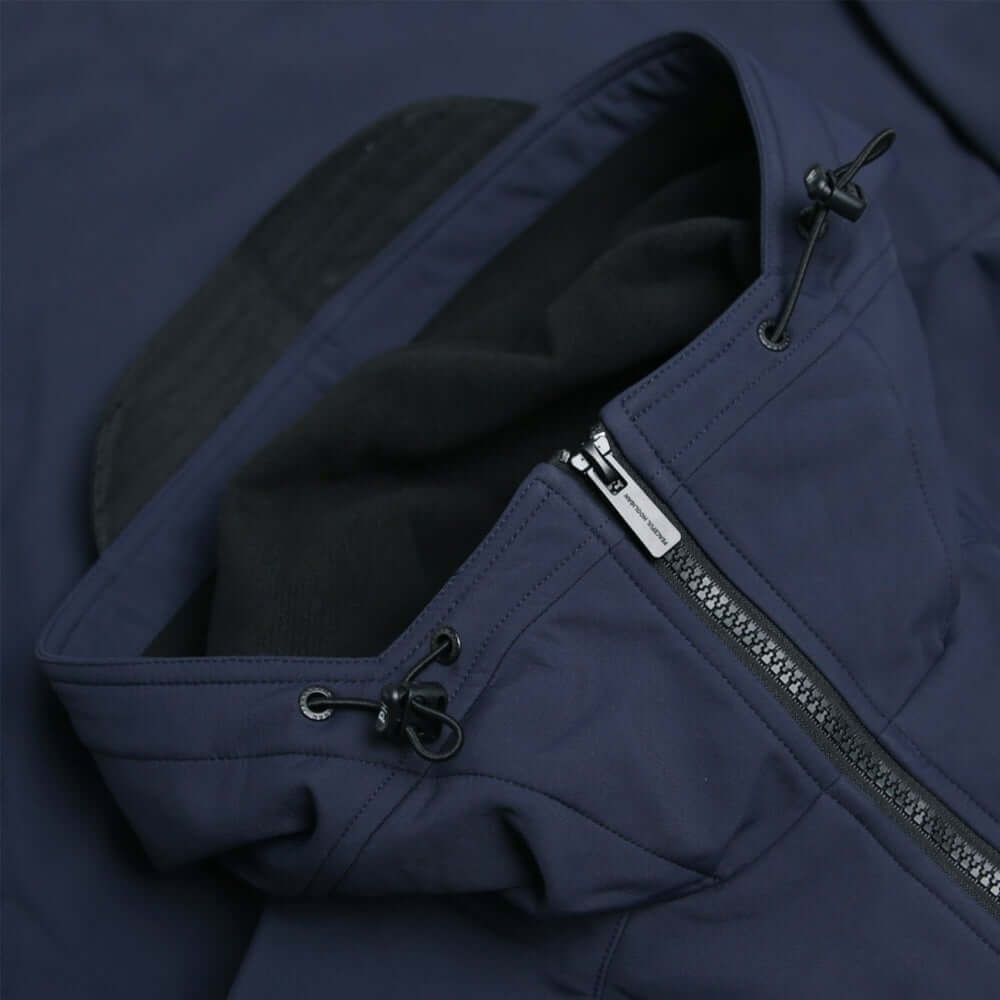 Close-up of the navy Peaceful Hooligan MARKSMAN Softshell Jacket hood and zipper details, showcasing premium fabric and design.