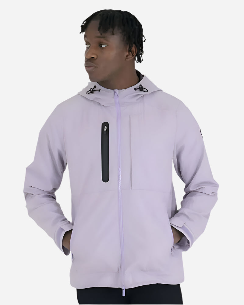 Model wearing the Peaceful Hooligan PISTOL Jacket in Lavendula, showcasing its stylish and functional design.