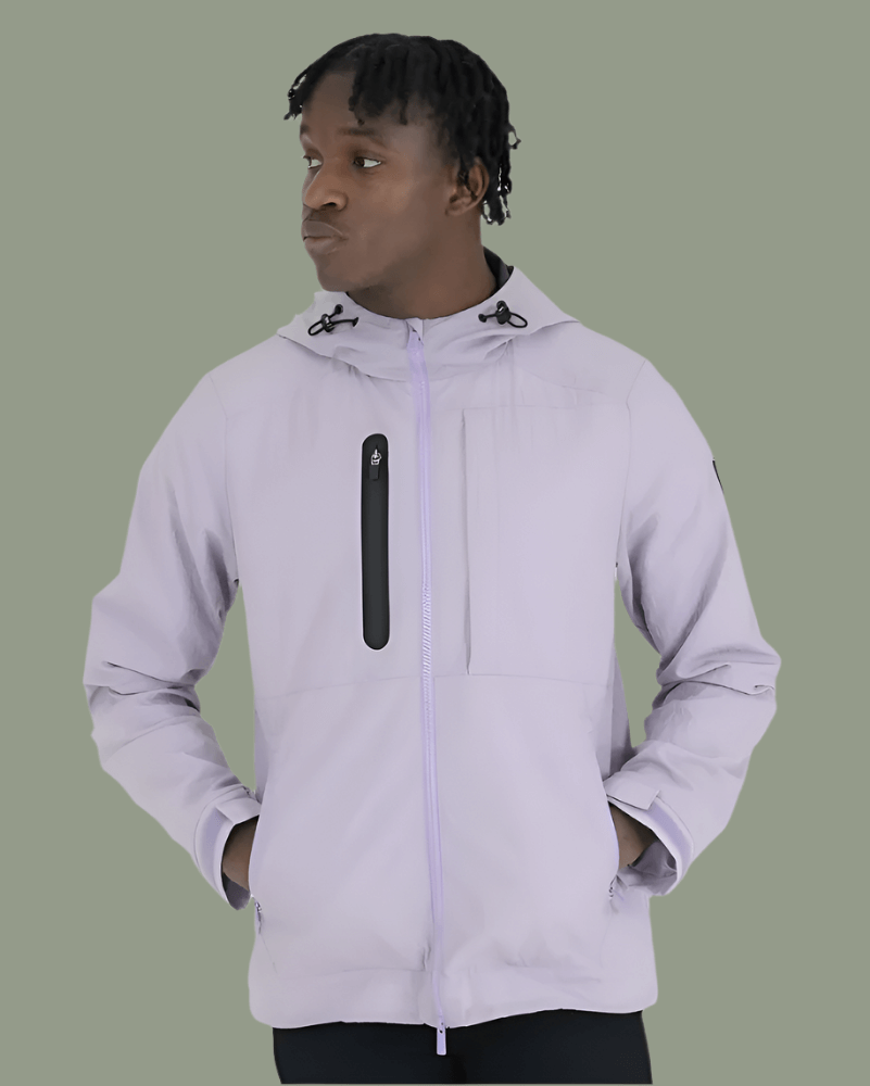 Man wearing the Peaceful Hooligan PISTOL Jacket in Lavendula, showcasing its stylish, water-resistant design.