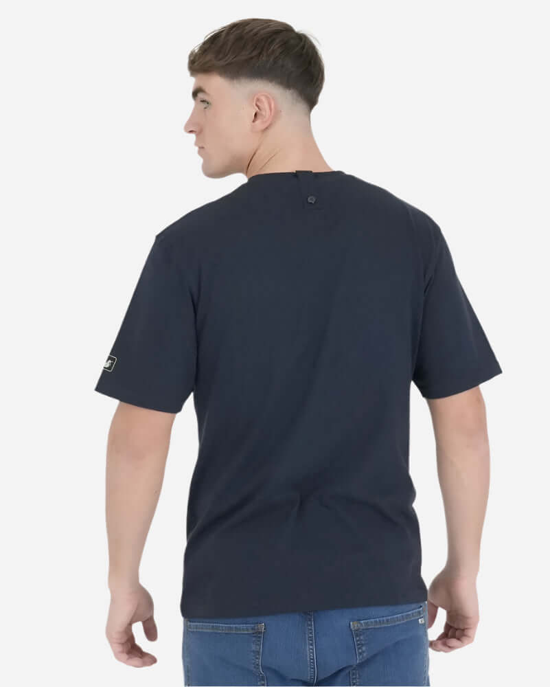 Back view of a man wearing a navy Peaceful Hooligan Ronaldinho T-shirt made from 100% premium cotton.