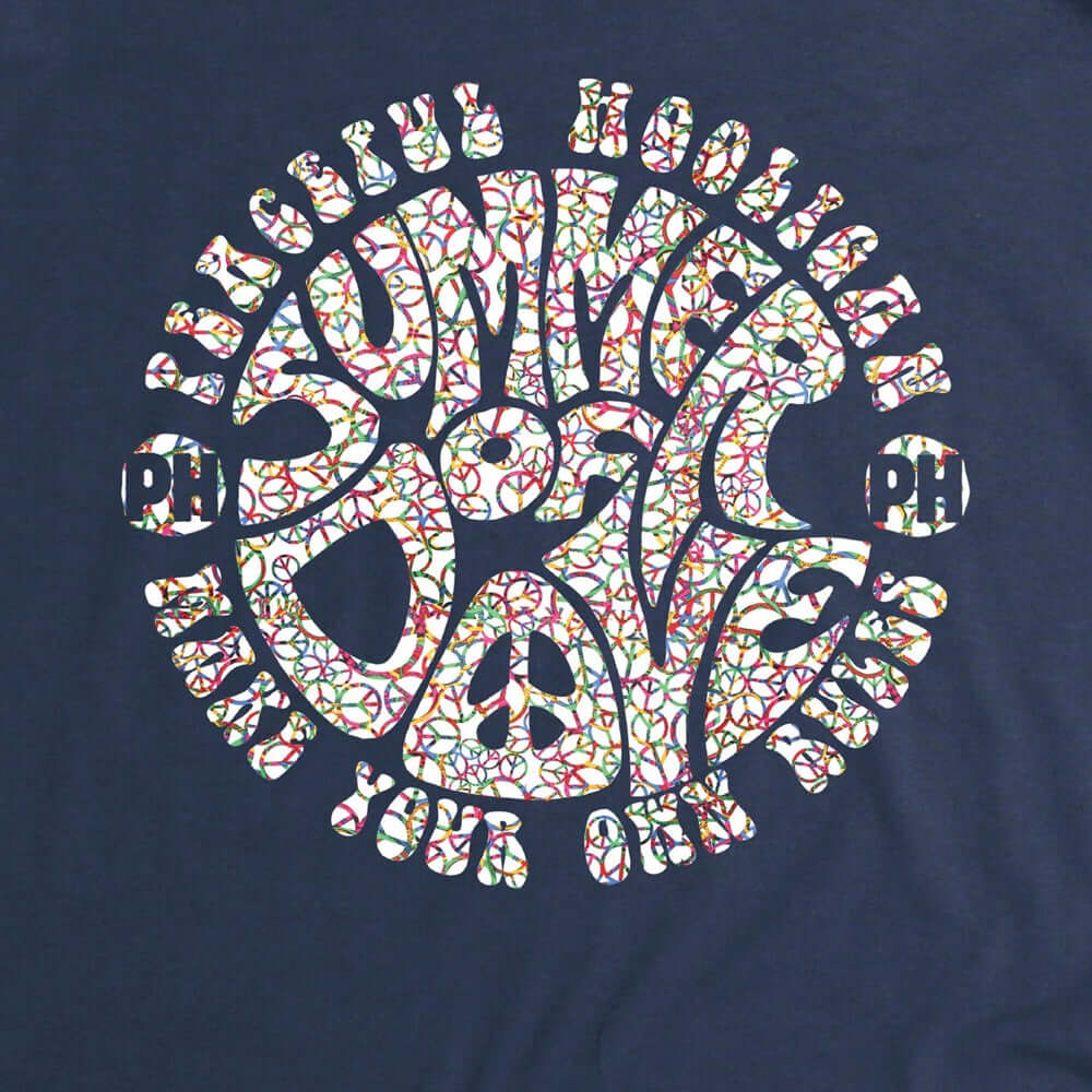 Peaceful Hooligan Summer of Dove T-shirt navy with colorful logo design featuring peace symbols.