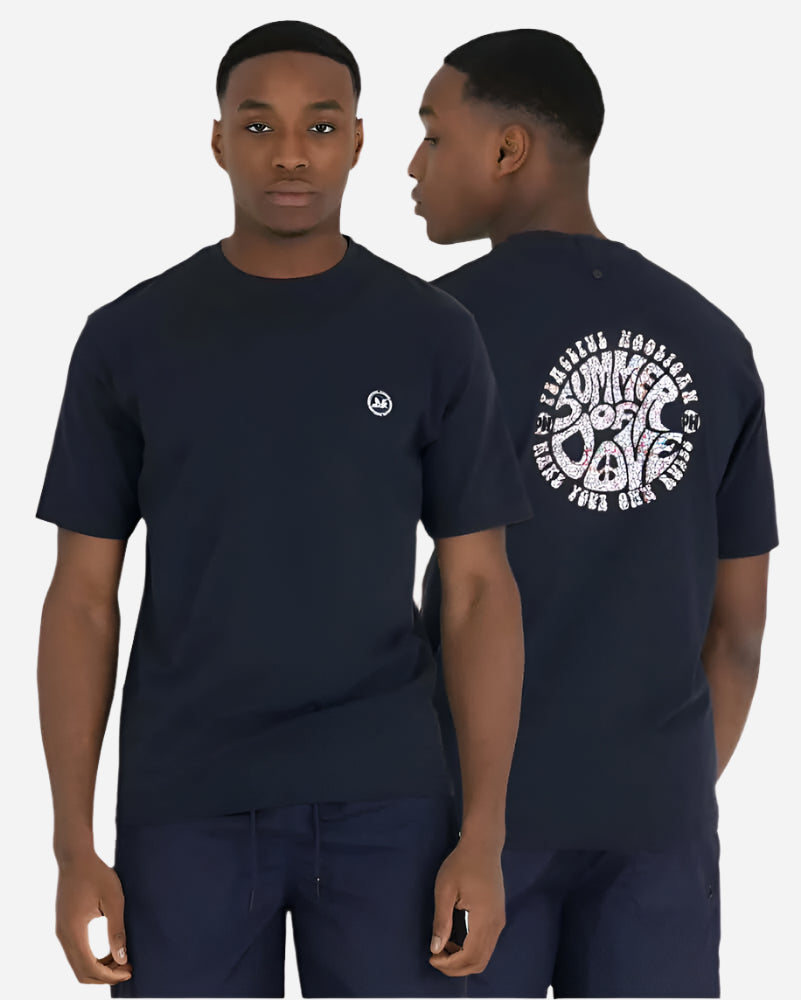 Navy Peaceful Hooligan SUMMER OF DOVE T-shirt with logo print and badge, front and back view.