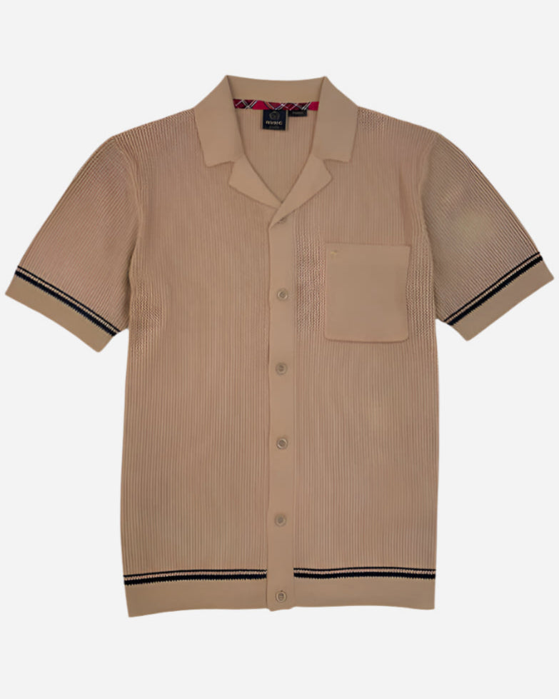 Merc TODD Polo Coffee in beige with revere collar, textured knit, and contrast tipping stripes.