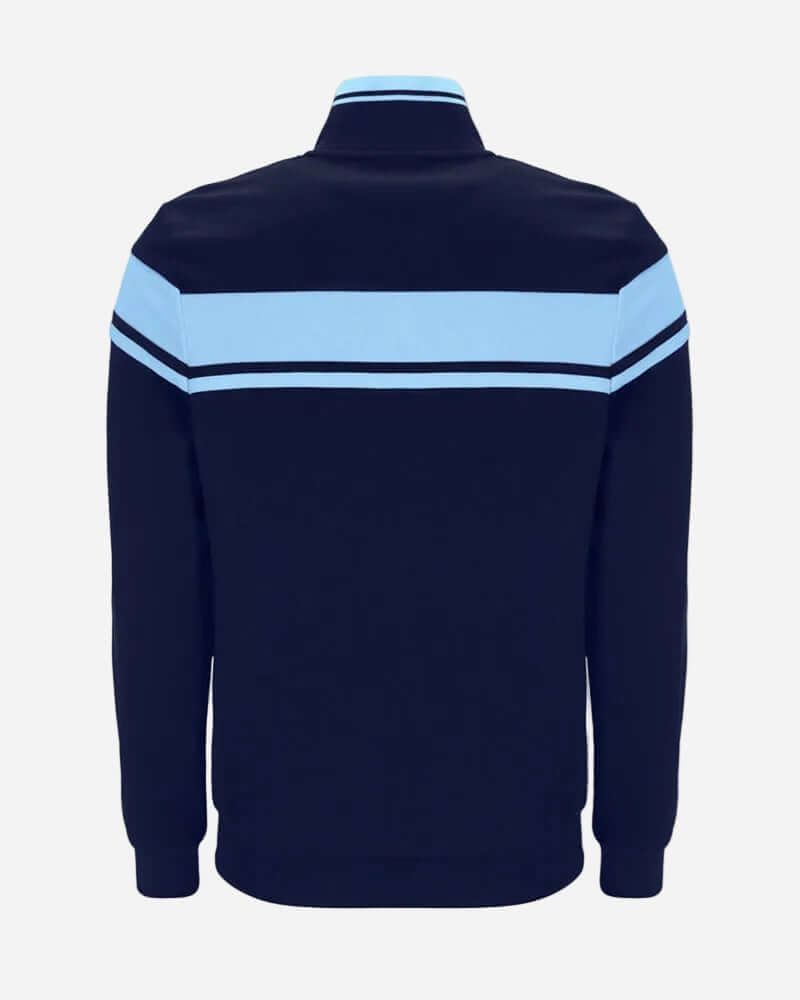 Sergio Tacchini DAMARINDO Track Top Maritime Blue back view showcasing blue chest stripe and ribbed details.
