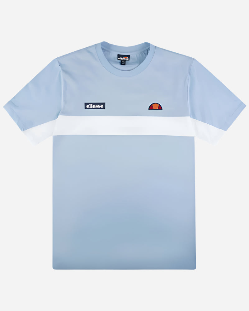 Ellesse DINELLI T Shirt Light Blue, featuring block stripe detailing and classic crew neckline from Live Forever Collection.