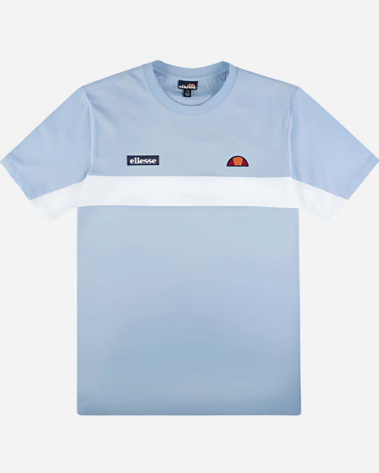 Ellesse DINELLI T Shirt Light Blue, featuring block stripe detailing and classic crew neckline from Live Forever Collection.