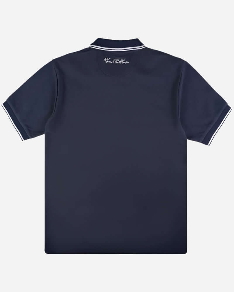 Back view of the Ellesse MACCHINO Polo Shirt in Navy featuring striped accents from the Live Forever Collection.