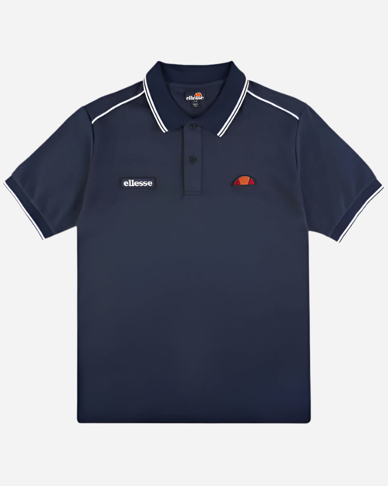 Ellesse MACCHINO Navy Polo Shirt with stripe accents from Live Forever Collection, featuring two-button placket and logo.