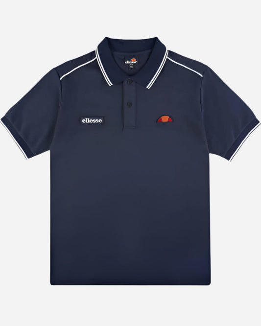 Ellesse MACCHINO Navy Polo Shirt with stripe accents from Live Forever Collection, featuring two-button placket and logo.
