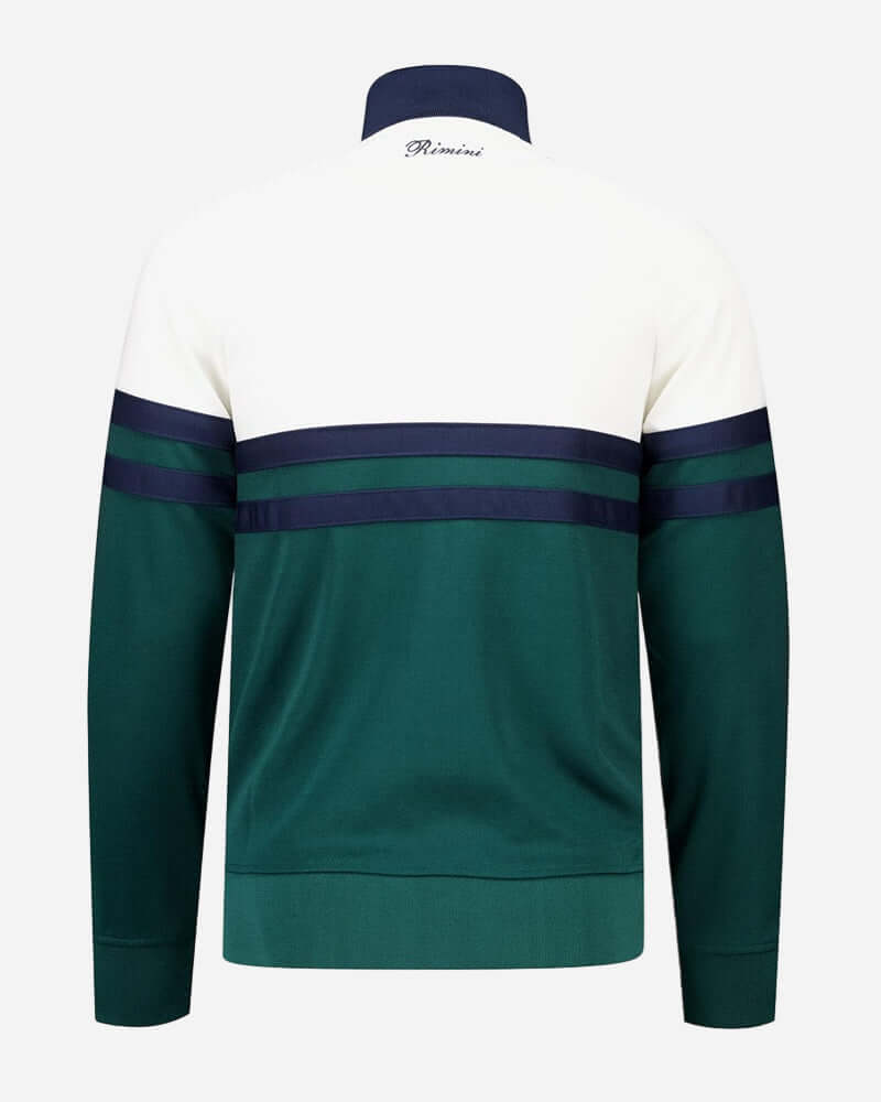 Back view of the Ellesse RIMINI Track Jacket in off white and dark green with bold stripes and ribbed collar.