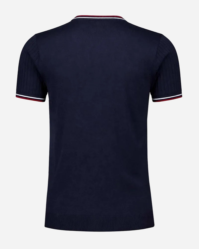 Gabicci SANTINO Knitted T Shirt Navy back view showing textured design and contrast trimming.