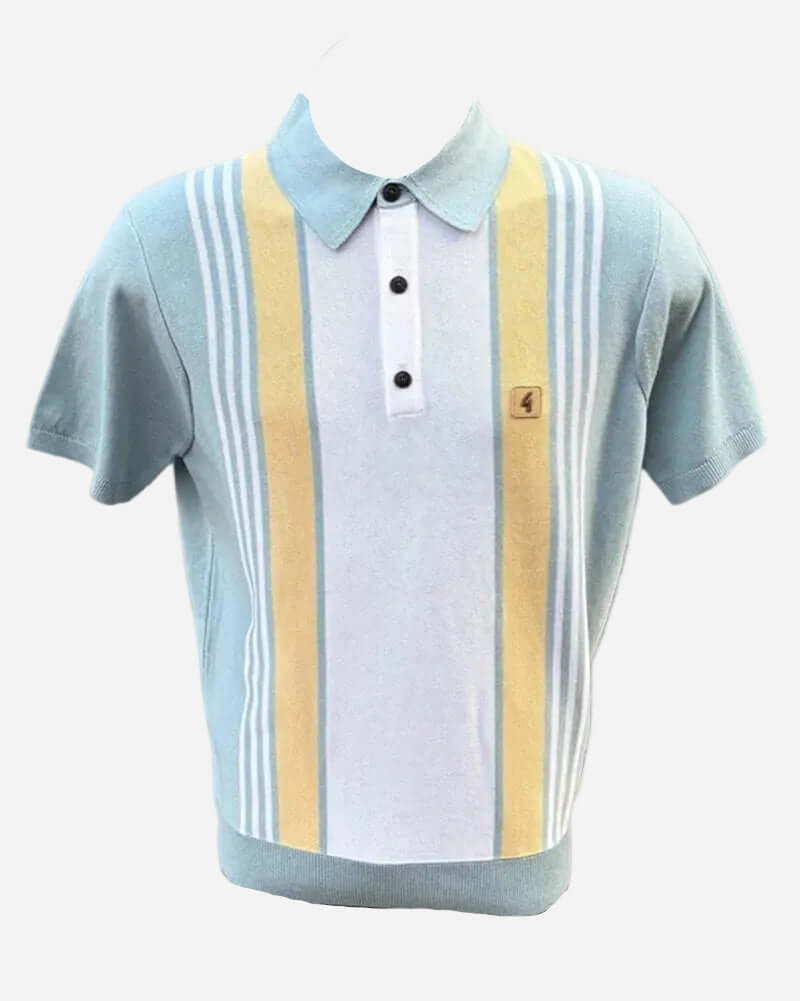 Gabicci SEARLE Polo Mint featuring a vintage style, striped detailing, and iconic Gabicci G logo patch.