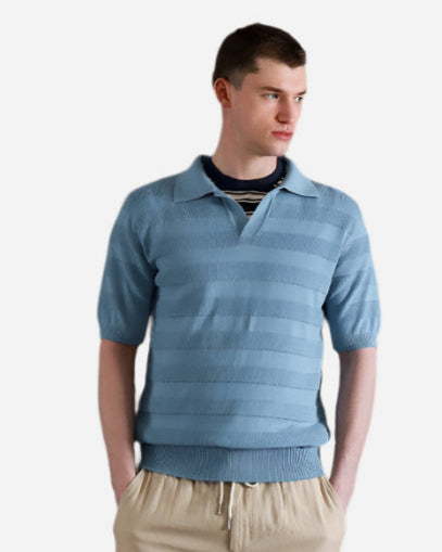 Far Afield MARSAN Short Sleeve Polo Allure Blue Raised Stripe Far Afield