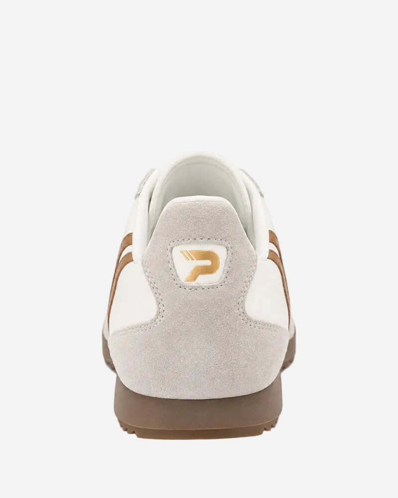 Back view of Patrick RIO RUNNER Trainers White/Tan with logo and suede detailing.