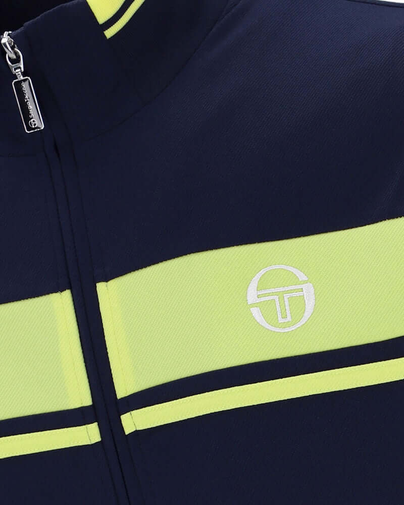 Sergio Tacchini DAMARINDO Track Top with zip-up design in Maritime Blue and Celery Green stripes.