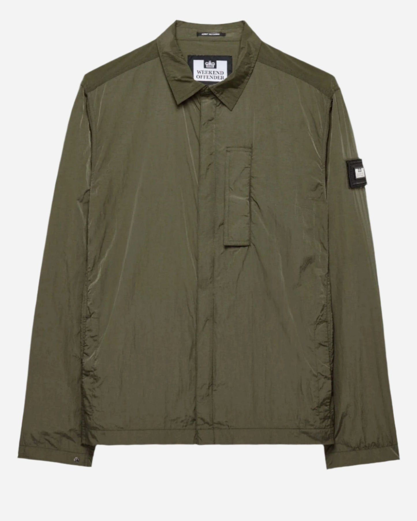 Weekend Offender PORTER Overshirt in Castle Green with storm placket and branded press stud collar, versatile for outdoor activities.