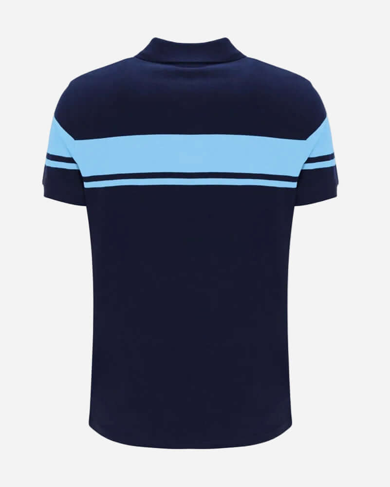 Sergio Tacchini YOUNG LINE Polo Maritime Blue back view showcasing twin-stripe design and sporty silhouette.