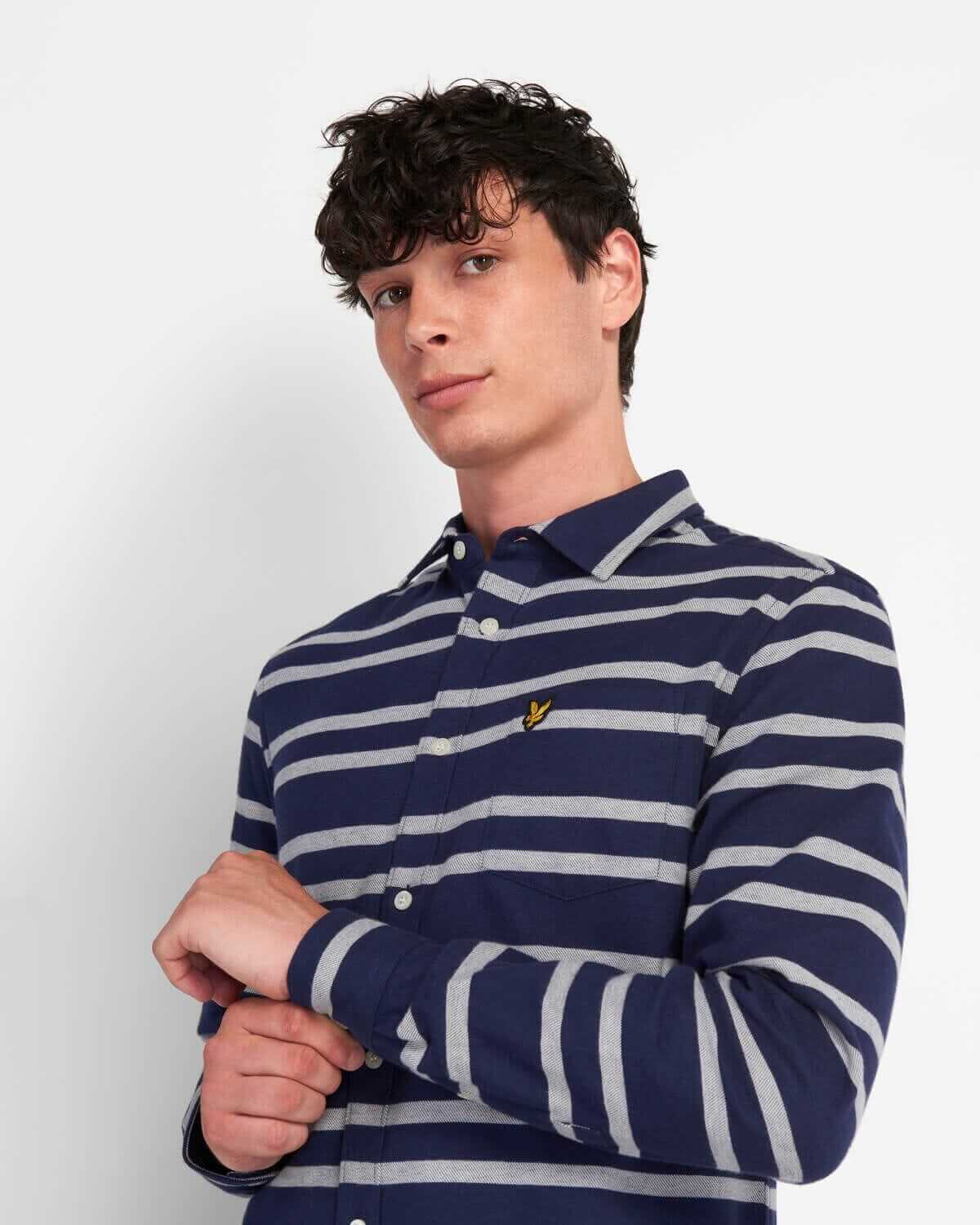 Lyle and Scott Double Stripe Brushed Shirt Navy/Vanilla Ice - indi menswear