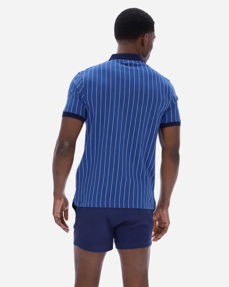 Fila BB1 Polo Limoges/White/Frozen Fjord/Navy worn by a man, displaying back view with vertical stripes.