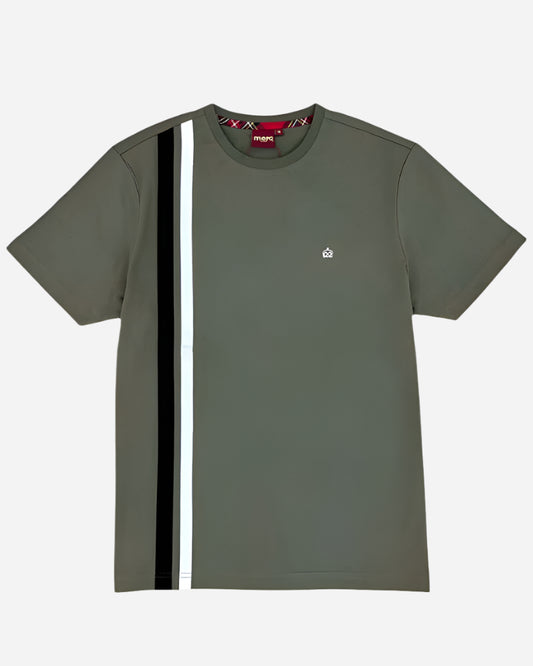 Merc BELMONT racer stripe T shirt in khaki with bold black and white stripes and embroidered logo.