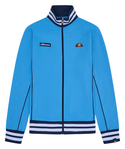 Ellesse MILAN Track Jacket Blue/Navy featuring funnel neck, white stripes, and signature logos on a vibrant blue design.