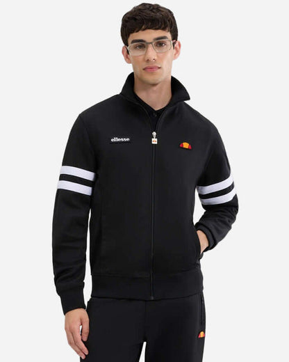 Ellesse ROMA Track Jacket Black worn by a man with glasses, featuring a funnel neck and contrast stripes.