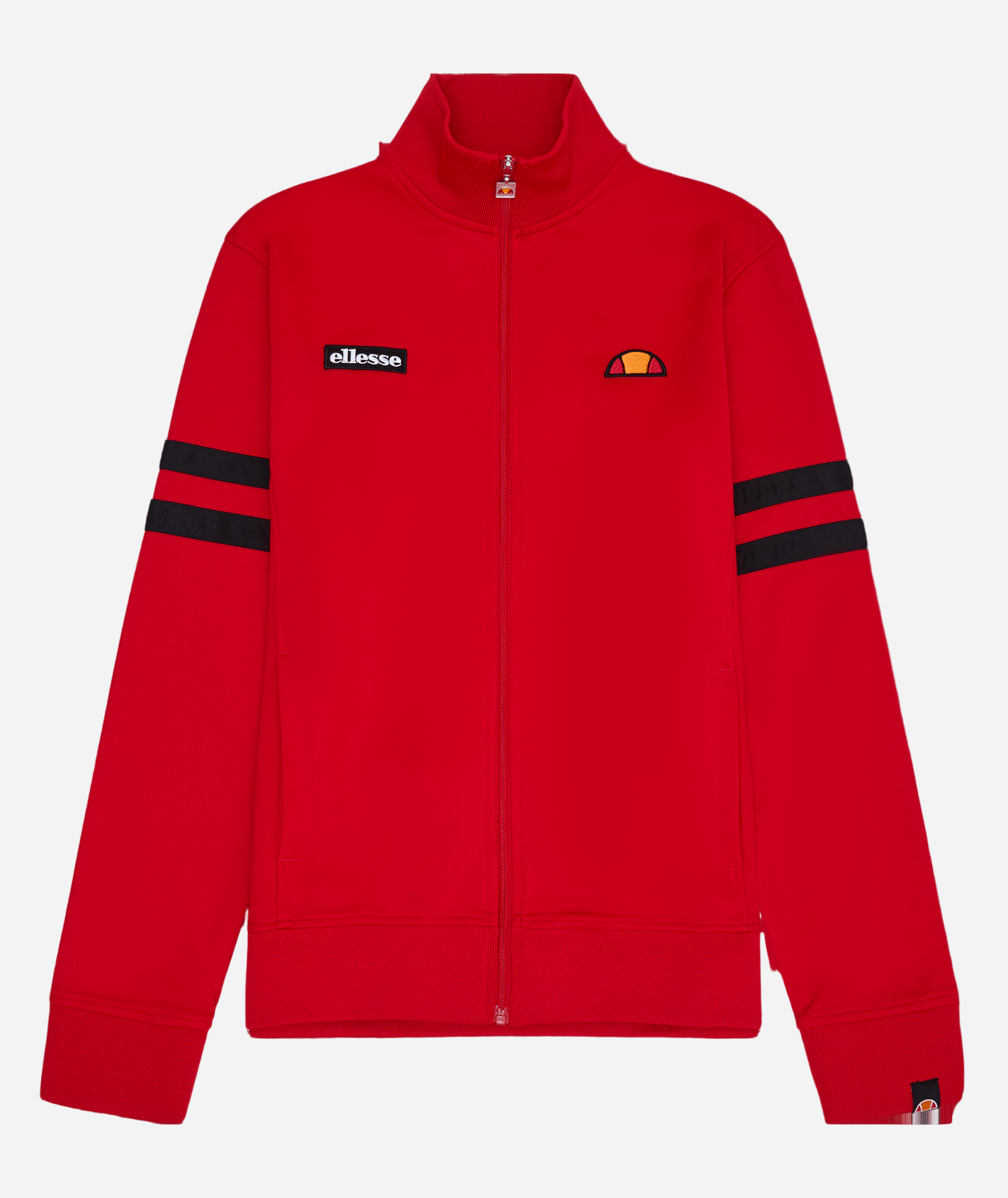 Ellesse ROMA Track Jacket Red Black featuring ribbed funnel neck and classic sleeve stripes, perfect for streetwear style.