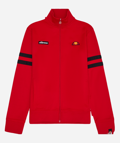 Ellesse ROMA Track Jacket Red Black featuring ribbed funnel neck and classic sleeve stripes, perfect for streetwear style.