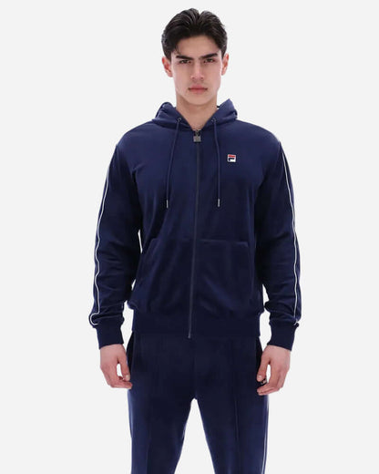 Fila Vintage ITALO Velour Hoodie Navy worn by a model, featuring zip-through design and embroidered logo.