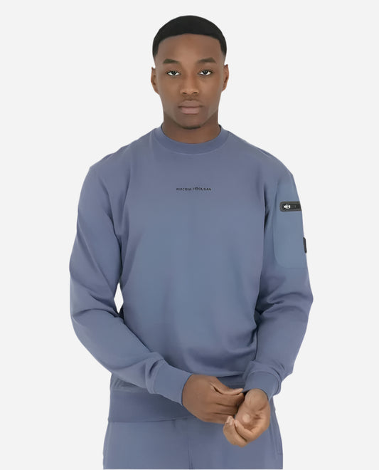 Model wearing the Peaceful Hooligan LANCE sweatshirt in silver, showcasing unique sleeve pocket and modern design.