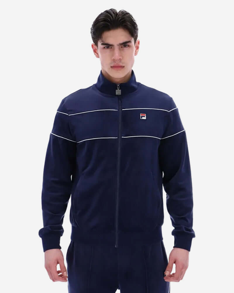 Fila VITTORIO Velour Track Jacket Navy on model showcasing stylish streetwear.