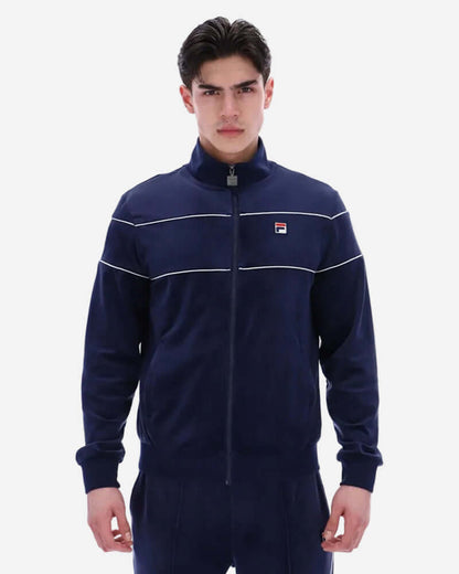 Fila VITTORIO Velour Track Jacket Navy on model showcasing stylish streetwear.