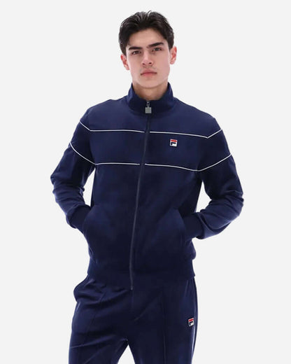 Fila VITTORIO Velour Track Jacket Navy worn by a young man showcasing vintage sportswear style.
