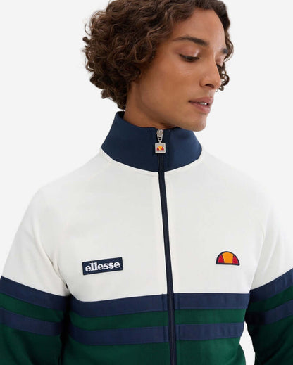 Ellesse RIMINI Track Jacket Off White/Dark Green worn by a model, showcasing bold stripes and vintage style.