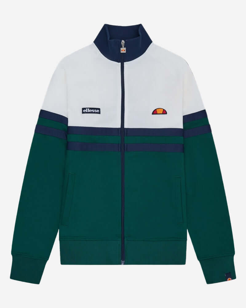 Ellesse RIMINI Track Jacket Off White/Dark Green featuring vintage design and bold stripe panel.