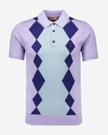 Gabicci BOND Argyle Polo Heather featuring a striking argyle design in purple and blue with a classic polo collar.