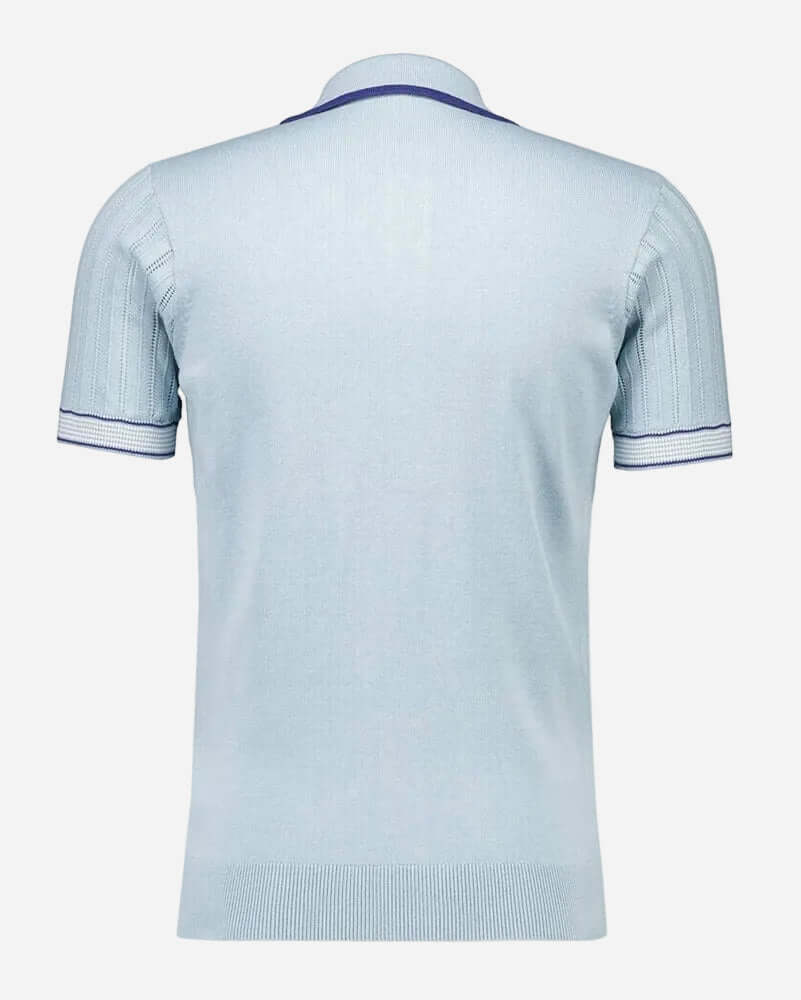 Back view of Gabicci CARTER Button-Through Polo in mint color featuring vintage mod design and ribbed stripes.
