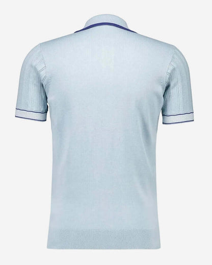 Back view of Gabicci CARTER Button-Through Polo in mint color featuring vintage mod design and ribbed stripes.