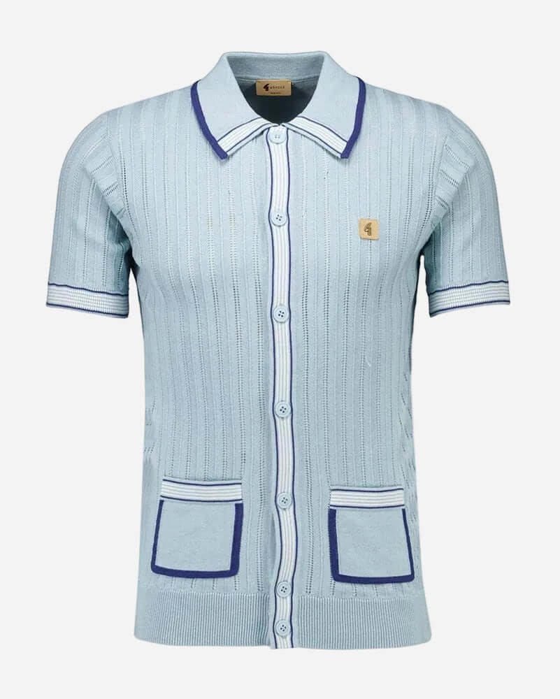 Gabicci CARTER Button-Through Polo Mint with textured front panel and retro stripe collar in light blue.