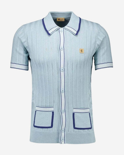 Gabicci CARTER Button-Through Polo Mint with textured front panel and retro stripe collar in light blue.