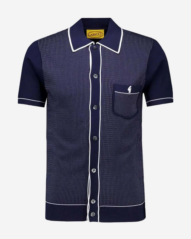 Gabicci DI LELLO Button-Through Polo Navy featuring a jacquard birdseye knit and embroidered logo.