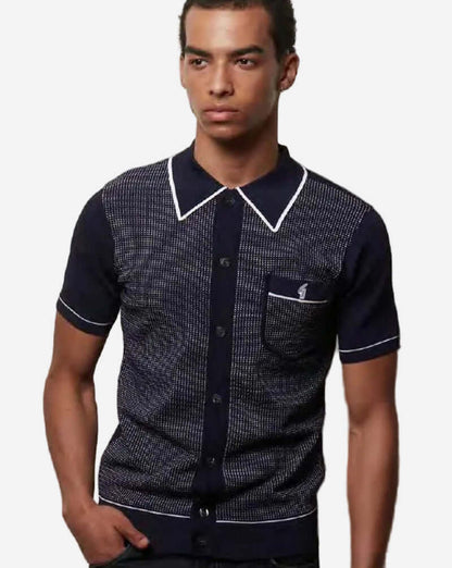 Gabicci DI LELLO Button-Through Polo Navy on model, showcasing vintage knit style and embroidered logo.