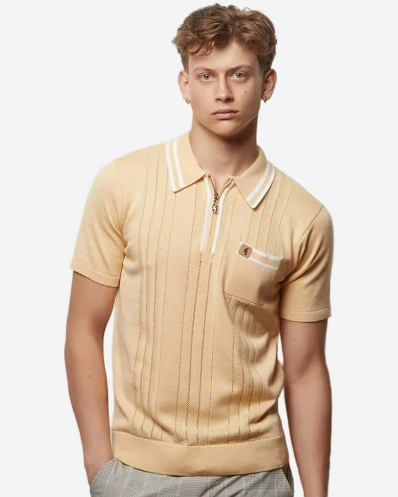 Gabicci JOHNSON Polo Lemon on a model showcasing its tailored look and knitted detail with zip neckline.