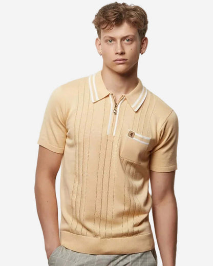 Gabicci JOHNSON Polo Lemon on a model showcasing its tailored look and knitted detail with zip neckline.