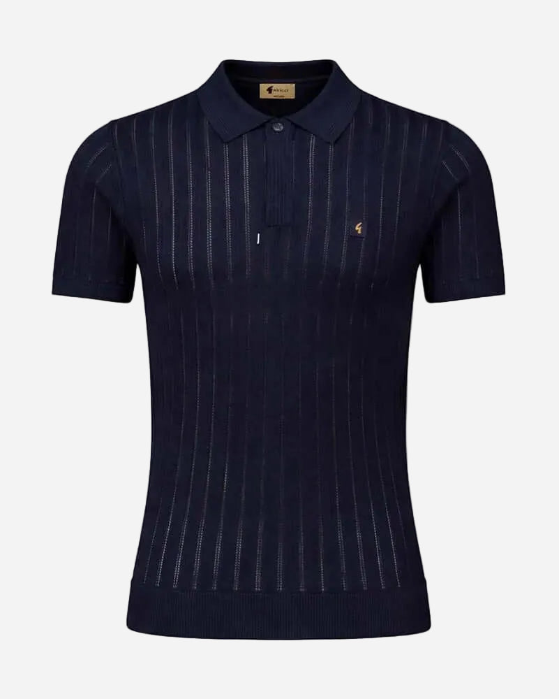 Gabicci WOODALL Polo Navy featuring vertical pointelle texture and classic silhouette, ideal for retro style.