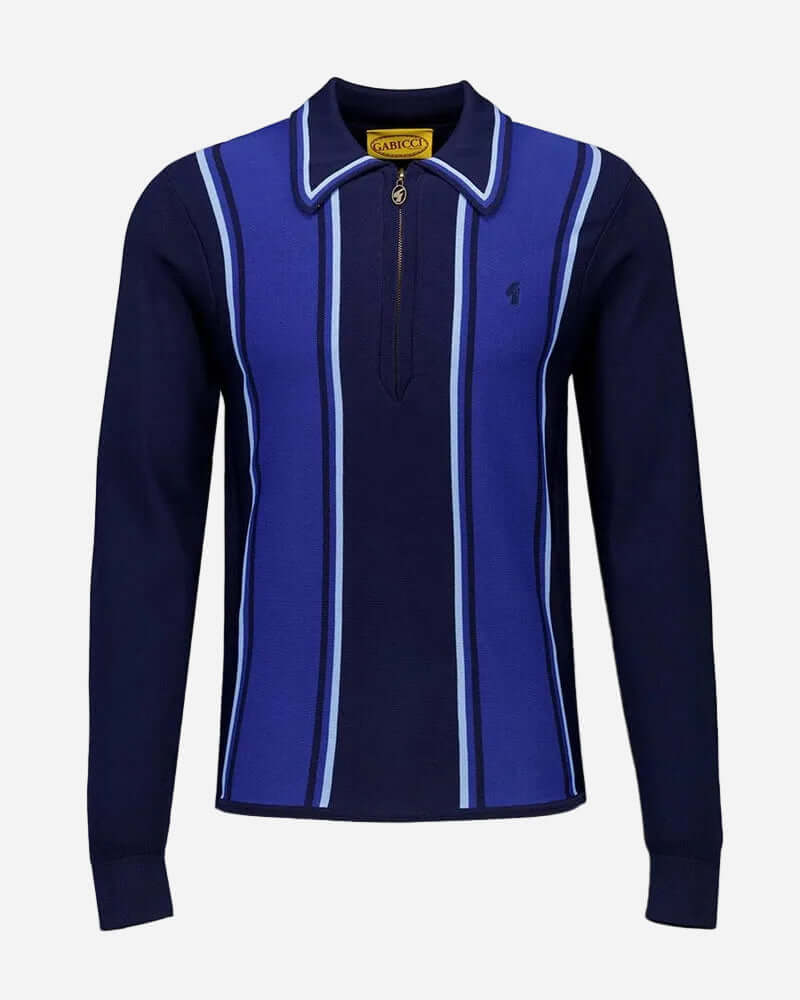 Gabicci XANDER Knit Polo Navy featuring stripes, long sleeves, and a zip placket for stylish comfort.